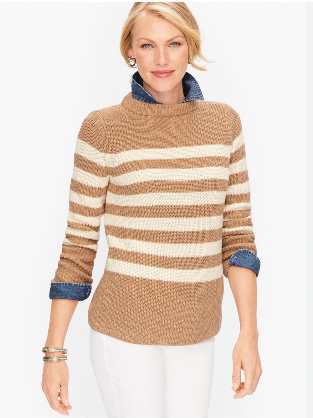 Talbots shaker stitch tan and white striped sweater 100% cotton medium petite